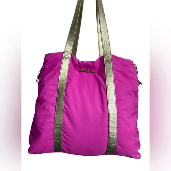 Lilly Pulitzer Hot Pink Large Tote Shoulder Bag Side Zippers Gold Straps Tassels - Picture 2 of 8